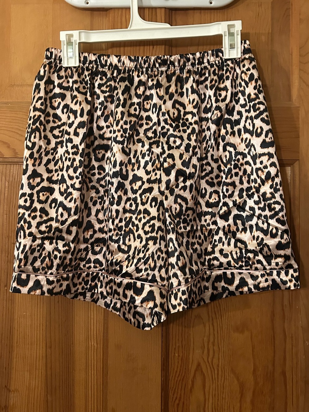 Fashion Nova Satin Leopard Print Lounge Shorts in Tan & Black